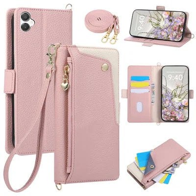 For Samsung Galaxy A08 4G  /  A07 5G  /  A07 4G  /  A06 4G  /  A06 5G Case with Wrist Strap and Shoulder Strap Dual Color Zipper Pocket Wallet Leather Phone Cover - Pink