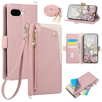 For Google Pixel 10a Case with Wrist Strap and Shoulder Strap Dual Color Zipper Pocket Wallet Leather Phone Cover - Pink