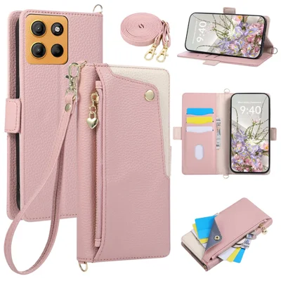 For Motorola Moto G17 Power 4G  /  Moto G17 4G  /  Moto G15 4G  /  Moto G15 Power 4G Case with Wrist Strap and Shoulder Strap Dual Color Zipper Pocket Wallet Leather Phone Cover - Pink
