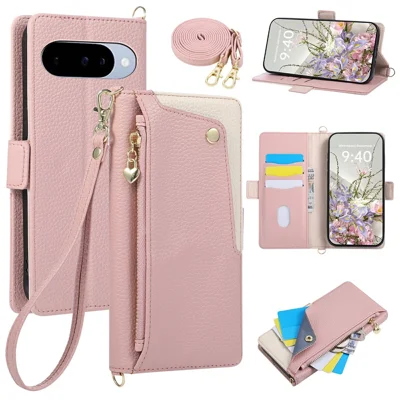 For Google Pixel 10 Pro  /  Pixel 10 Case with Wrist Strap and Shoulder Strap Dual Color Zipper Pocket Wallet Leather Phone Cover - Pink