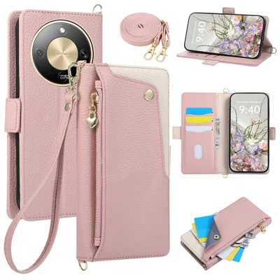 Cover per Honor X70 5G / X9d 5G / Magic8 Lite 5G con Portamonete in Pelle Bicolore con Cerniera, Portafoglio con Cinturino da Polso e Tracolla - Rosa