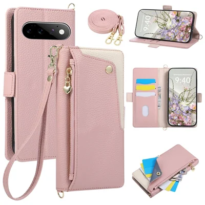 For Google Pixel 11 Pro XL Case with Wrist Strap and Shoulder Strap Dual Color Zipper Pocket Wallet Leather Phone Cover - Pink
