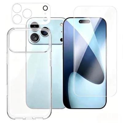 For iPhone 18 Pro Max Case Clear TPU Phone Cover with Tempered Glass Screen Protector + Camera Lens Protector Set - Transparent