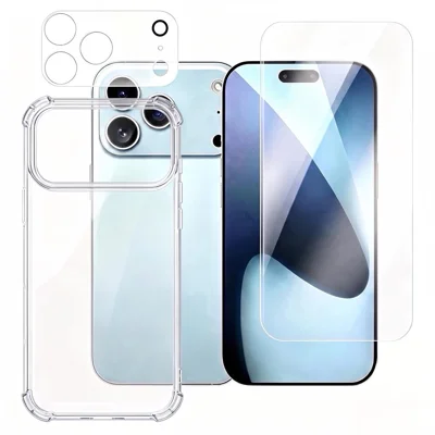 For iPhone 18 Pro Max Case Reinforced Corner Clear TPU Phone Cover with Tempered Glass Screen Protector + Camera Lens Protector - Transparent