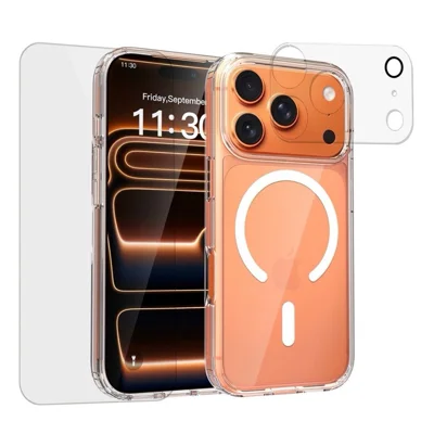 For iPhone 18 Pro Magnetic Case TPU + Acrylic HD Clear Phone Cover with Screen Protector + Camera Lens Protector - Transparent