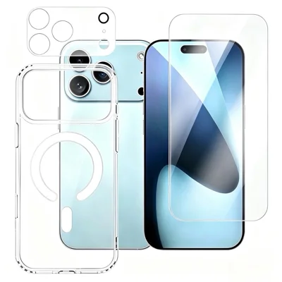 For iPhone 18 Pro Max Magnetisk Case TPU + Akryl Gennemsigtig Telefonbeskytter med Kamerabeskytter + Hærdet Glas Skærmfilm - Transparent