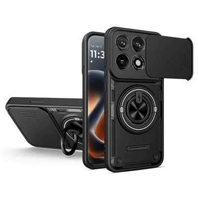 Motorola Edge 70 Pro 5G Hülle mit schiebbarer Objektivabdeckung, drehbarem Ständer, stoßfestem TPU + PC-Telefonetui - Schwarz