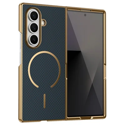 For Samsung Galaxy Z Fold8 Ultra Magnetic Case Carbon Fiber Texture Leather + PC Electroplating Phone Cover with Tempered Glass Film - Blue