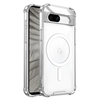 For Google Pixel 7a Magnetic Case Four-Corner Drop Protection TPU + PC Clear Phone Cover - Transparent