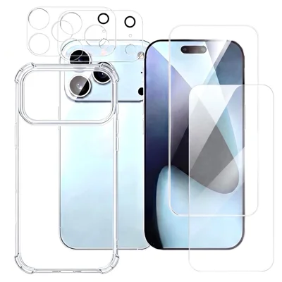 For iPhone 18 Pro Case Reinforced Corner Clear TPU Phone Cover with 2Pcs Tempered Glass Screen Protector + 2Pcs Camera Lens Protector - Transparent