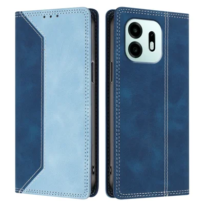 Voor OnePlus N6 4G Leren Hoesje Huid Aanraking Kleurencombinatie RFID Blokkering Portemonnee Stand Hoes - Donkerblauw / Blauw