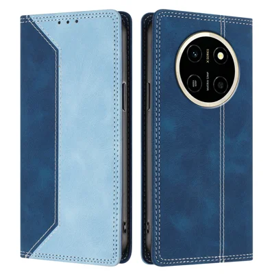 Etui skórzane dla Honor X80 Pro Max 5G, wykończenie pod gruby skórzany materiał, kolorowe połączenie, blokada RFID, portfel z podstawką - ciemny granatowy / niebieski
