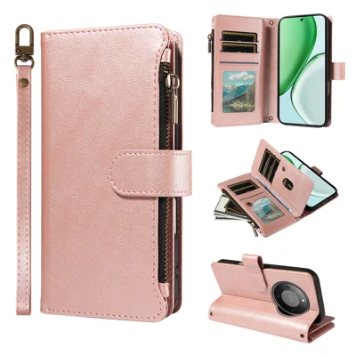  Custodia in pelle per Honor X9d 5G / Honor Magic8 Lite 5G / Honor X70 5G con 9 slot per carte, tasca con cerniera, cover per telefono con tracolla - Oro rosa