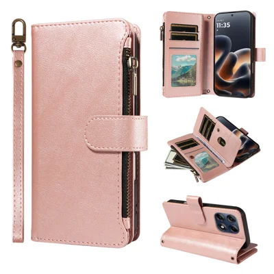 Für Motorola Edge 70 Pro 5G Ledertasche mit 9 Kartensteckplätzen, Reißverschlussfach, Handyhülle mit Handschlaufe - Roségold