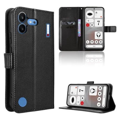  For Nothing Phone (4b) Leather Wallet Case with Strap Diamond Texture Phone Cover - Black