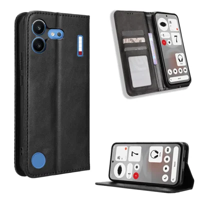 För Nothing Phone (4b) Läder Etui Med Plånbok Ställbar Retro Struktur Telefonhölje - Svart