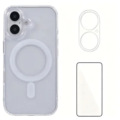  WANLONFENG for iPhone 16 YKL Series Magnetic Case Acrylic TPU Phone Cover with Screen Protector and Lens Protector - Transparent