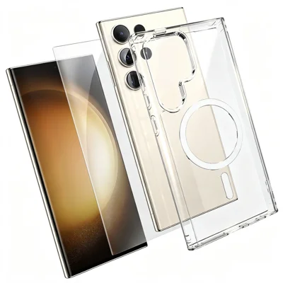  For Samsung Galaxy S23 Ultra Magnetic Case TPU+PC Transparent Phone Cover with High Aluminium-silicon Glass Screen Protector - Transparent