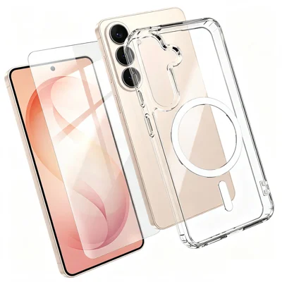  For Samsung Galaxy S26 Magnetic Case TPU+PC Transparent Phone Cover with High Aluminium-silicon Glass Screen Protector - Transparent
