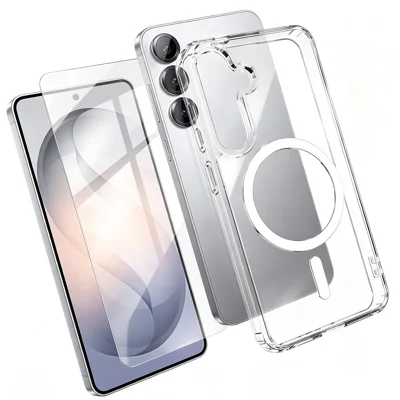 For Samsung Galaxy S24+ Magnetisk Case TPU+PC Transparent Telefonbeskyttelse med Høj Aluminium-silicium Glas Skærmprotector - Transparent