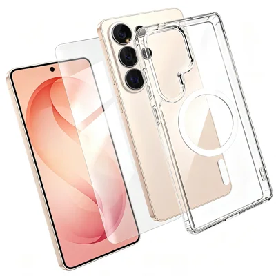 Funda magnética para Samsung Galaxy S26 Ultra, funda transparente de TPU+PC con protector de pantalla de vidrio de aluminio-silicio alto - Transparente