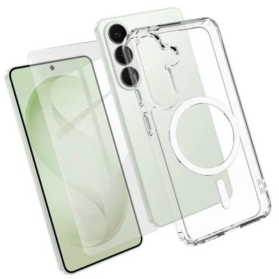 Etui magnetyczne na telefon For Samsung Galaxy S26 FE, przezroczysta obudowa TPU+PC z ekranem z hartowanego szkła wysokokrzemowego - przezroczyste