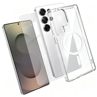  For Samsung Galaxy S25 Ultra Magnetic Case TPU+PC Transparent Phone Cover with High Aluminium-silicon Glass Screen Protector - Transparent