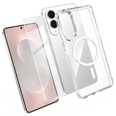 Für Samsung Galaxy S25 Edge Magnetische Hülle TPU+PC Transparente Handyhülle mit hochwertigem Aluminium-Silizium-Glas Displayschutzfolie - Transparent