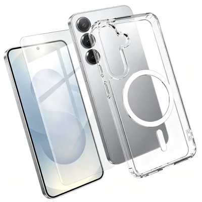 Coque magnétique pour Samsung Galaxy S25+, housse transparente TPU+PC avec protecteur d'écran en verre aluminium-silicium haute résistance - Transparent
