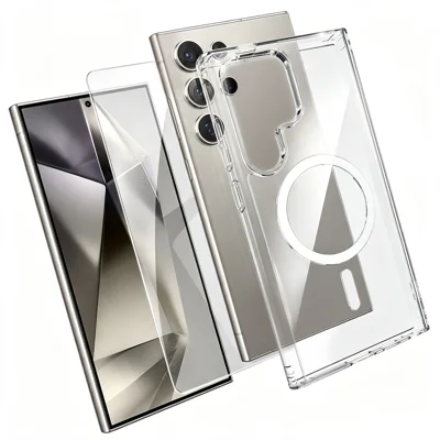  For Samsung Galaxy S24 Ultra Magnetic Case TPU+PC Transparent Phone Cover with High Aluminium-silicon Glass Screen Protector - Transparent