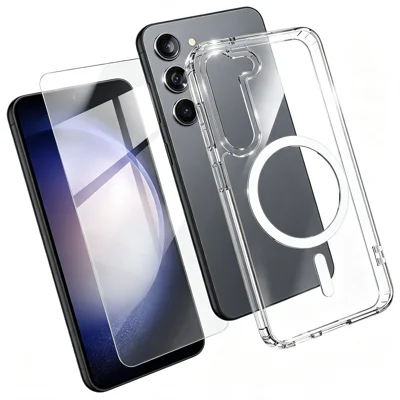  For Samsung Galaxy S23+ Magnetic Case TPU+PC Transparent Phone Cover with High Aluminium-silicon Glass Screen Protector - Transparent