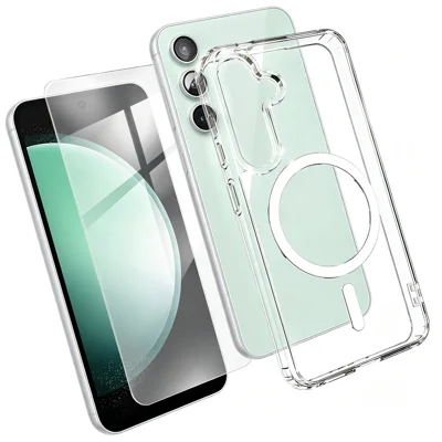  For Samsung Galaxy S23 FE Magnetic Case TPU+PC Transparent Phone Cover with High Aluminium-silicon Glass Screen Protector - Transparent