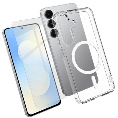 Cover magnetico per Samsung Galaxy S25 FE, custodia trasparente in TPU+PC con protezione per schermo in vetro al silicio-alumini o alto - Trasparente