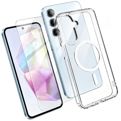  For Samsung Galaxy A35 5G Magnetic Case TPU+PC Transparent Phone Cover with High Aluminium-silicon Glass Screen Protector - Transparent