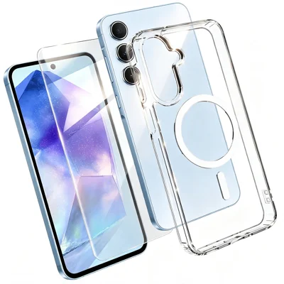  For Samsung Galaxy A55 5G Magnetic Case TPU+PC Transparent Phone Cover with High Aluminium-silicon Glass Screen Protector - Transparent