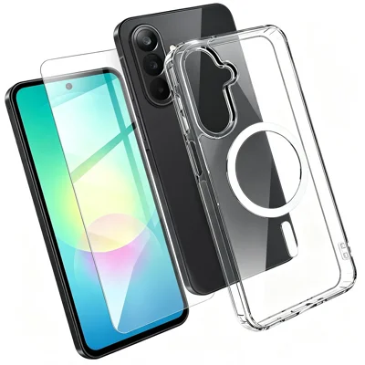  For Samsung Galaxy A27 5G Magnetic Case TPU+PC Transparent Phone Cover with High Aluminium-silicon Glass Screen Protector - Transparent