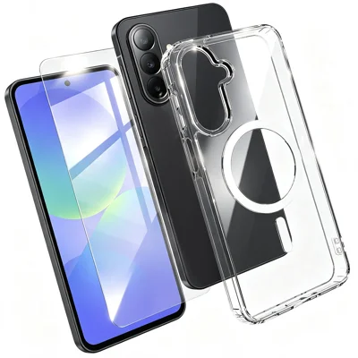  For Samsung Galaxy A36 5G Magnetic Case TPU+PC Transparent Phone Cover with High Aluminium-silicon Glass Screen Protector - Transparent