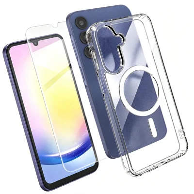  For Samsung Galaxy A25 5G (Global) (161mm) Magnetic Case TPU+PC Transparent Phone Cover with High Aluminium-silicon Glass Screen Protector - Transparent