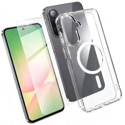  For Samsung Galaxy A56 5G Magnetic Case TPU+PC Transparent Phone Cover with High Aluminium-silicon Glass Screen Protector - Transparent