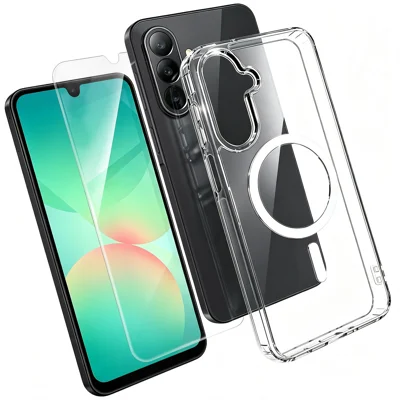  For Samsung Galaxy A26 5G Magnetic Case TPU+PC Transparent Phone Cover with High Aluminium-silicon Glass Screen Protector - Transparent