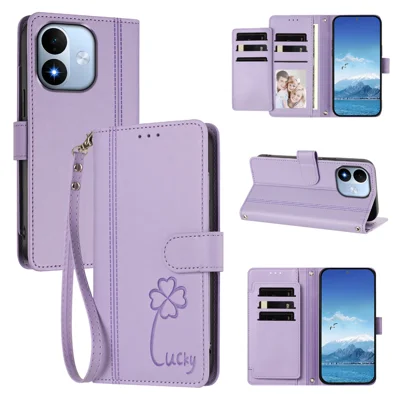 For Xiaomi Redmi Note 17 4G (Global) / Note 17 5G (Global) / Note 17 (India / China) 5G Wallet Case 9 Card Slots Lucky Clover Imprint Leather Phone Cover with Wrist Strap - Light Purple