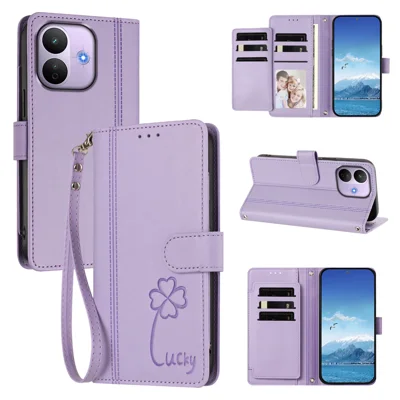 For Xiaomi Redmi Note 17 Pro 5G Wallet Case 9 Card Slots Lucky Clover Imprint Leather Phone Cover with Wrist Strap - Light Purple