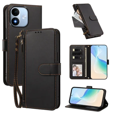 For Xiaomi Redmi Note 17 4G (Global) / Note 17 5G (Global) / Note 17 (India / China) 5G Case 4 Card Slots Wallet Stand PU Leather Phone Cover with Wrist Strap - Black
