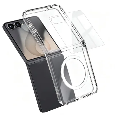  For Samsung Galaxy Z Flip8 Magnetic Case TPU+PC Transparent Phone Cover with High Aluminium-silicon Glass Screen Protector - Transparent