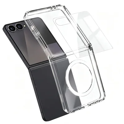 Cover magnetico per Samsung Galaxy Z Flip7 5G, custodia trasparente in TPU+PC con protezione per schermo in vetro al silicio-alumini o alto - Trasparente