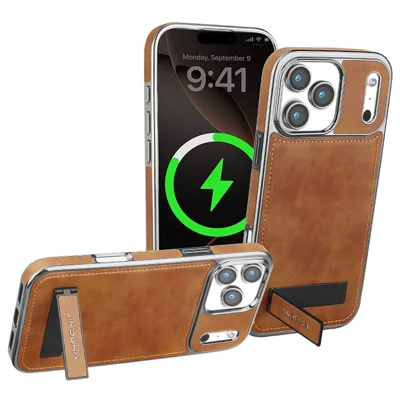 JINDUKA D22 til iPhone 18 Pro / 17 Pro Case, foldbar stå-stand, lærgetrukken PC TPU telefonbeskytter - Brun