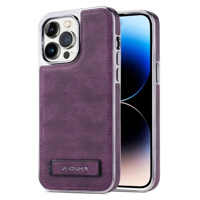 JINDUKA D22 For iPhone 14 Pro Max Case Foldable Kickstand Leather Coated PC TPU Phone Cover - Purple