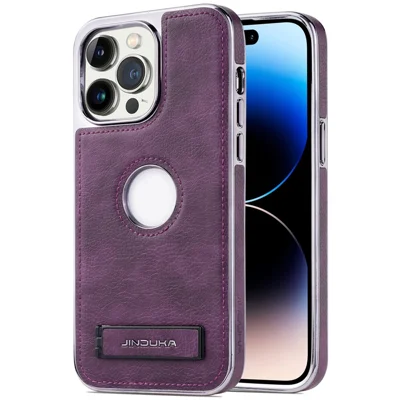JINDUKA For iPhone 16 Pro Max Case with Logo Cutout Kickstand Leather Coated PC TPU Phone Cover - Purple