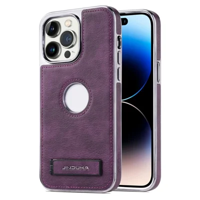 JINDUKA For iPhone 15 Pro Max Case with Logo Cutout Kickstand Leather Coated PC TPU Phone Cover - Purple