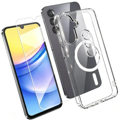  For Samsung Galaxy A15 5G Magnetic Case TPU + PC Clear Phone Cover with High Aluminium-silicon Glass Screen Protector + Tempered Glass Lens Protector - Transparent